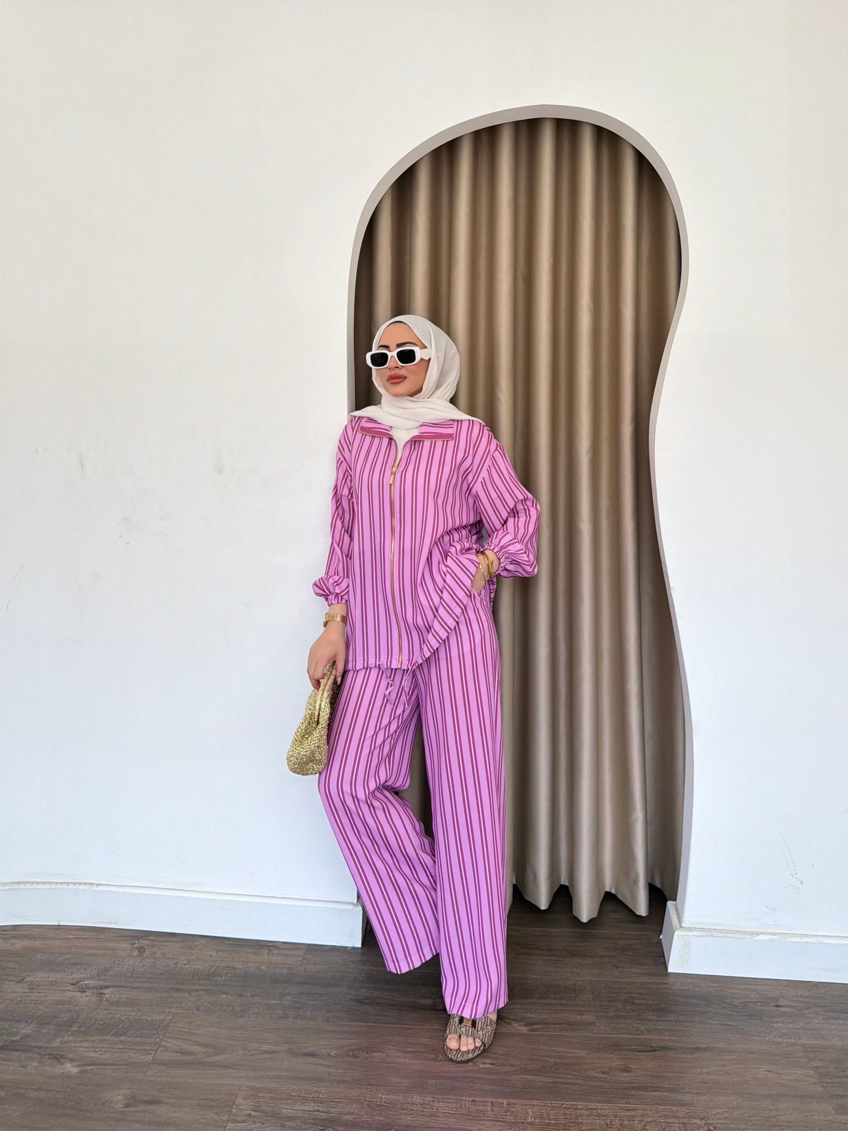 Çizgili Fermuarlı Takım - Pembe