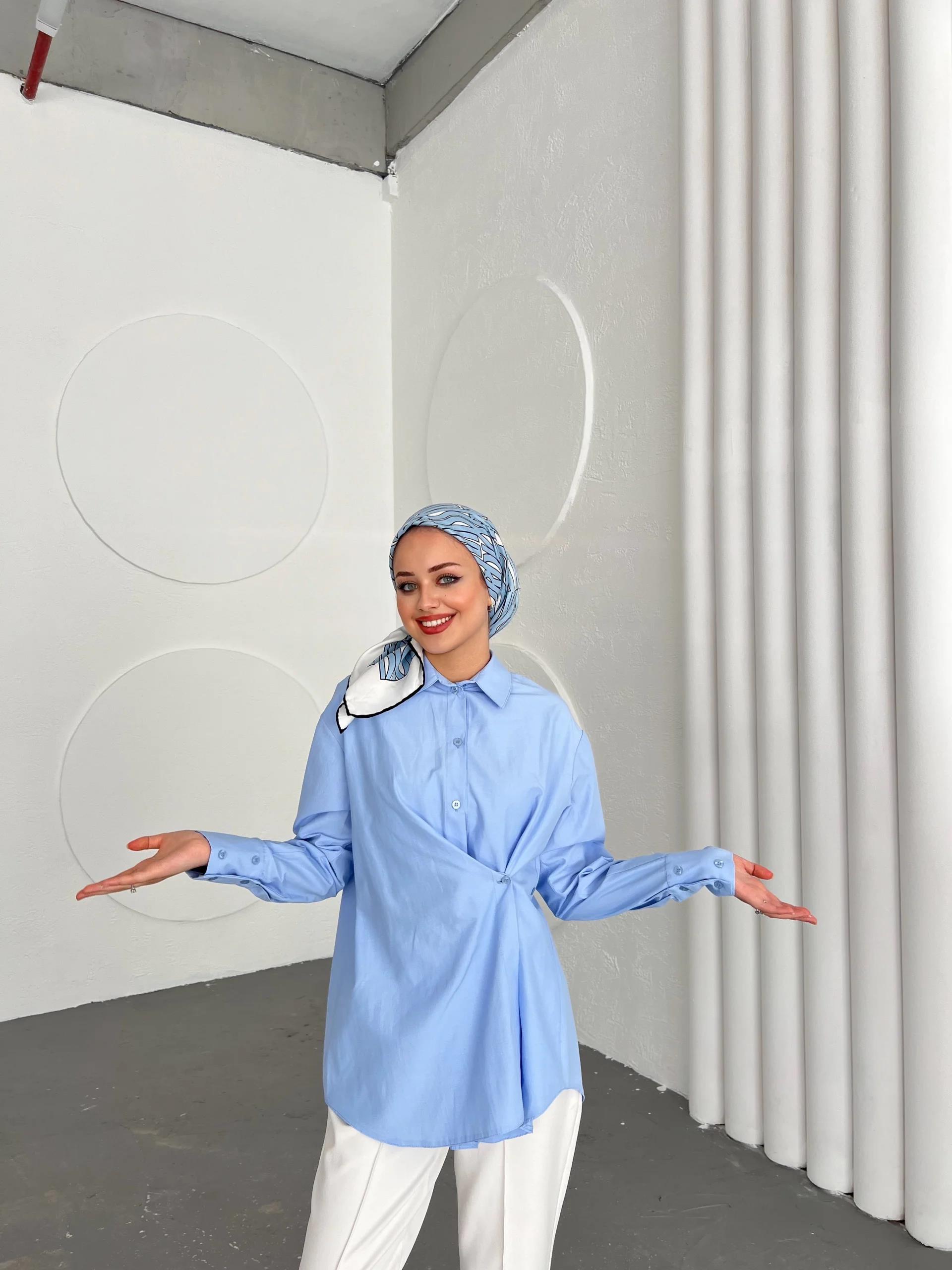 Düğmeli Nurs Gömlek -Mavi