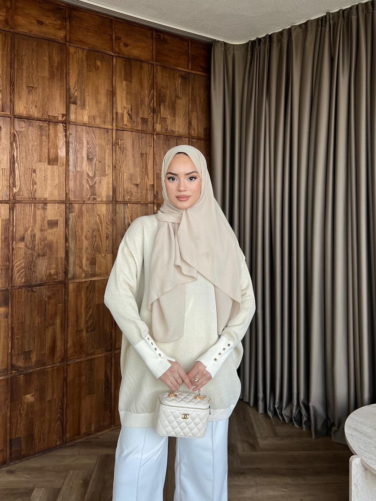 Eva Simli Kolu Düğmeli Triko Kazak Bej