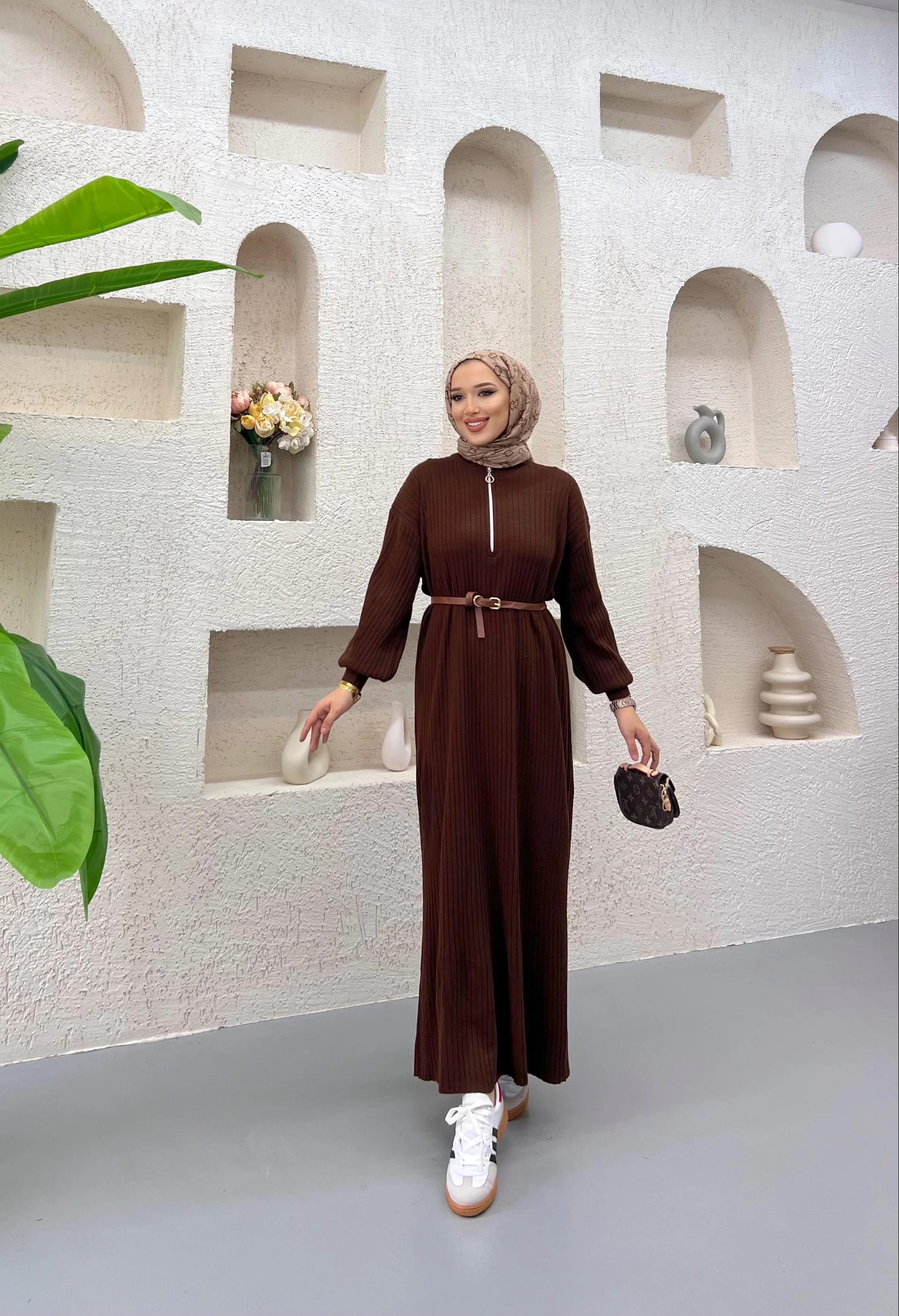 Fermuar Detaylı Triko Elbise Acı Kahve