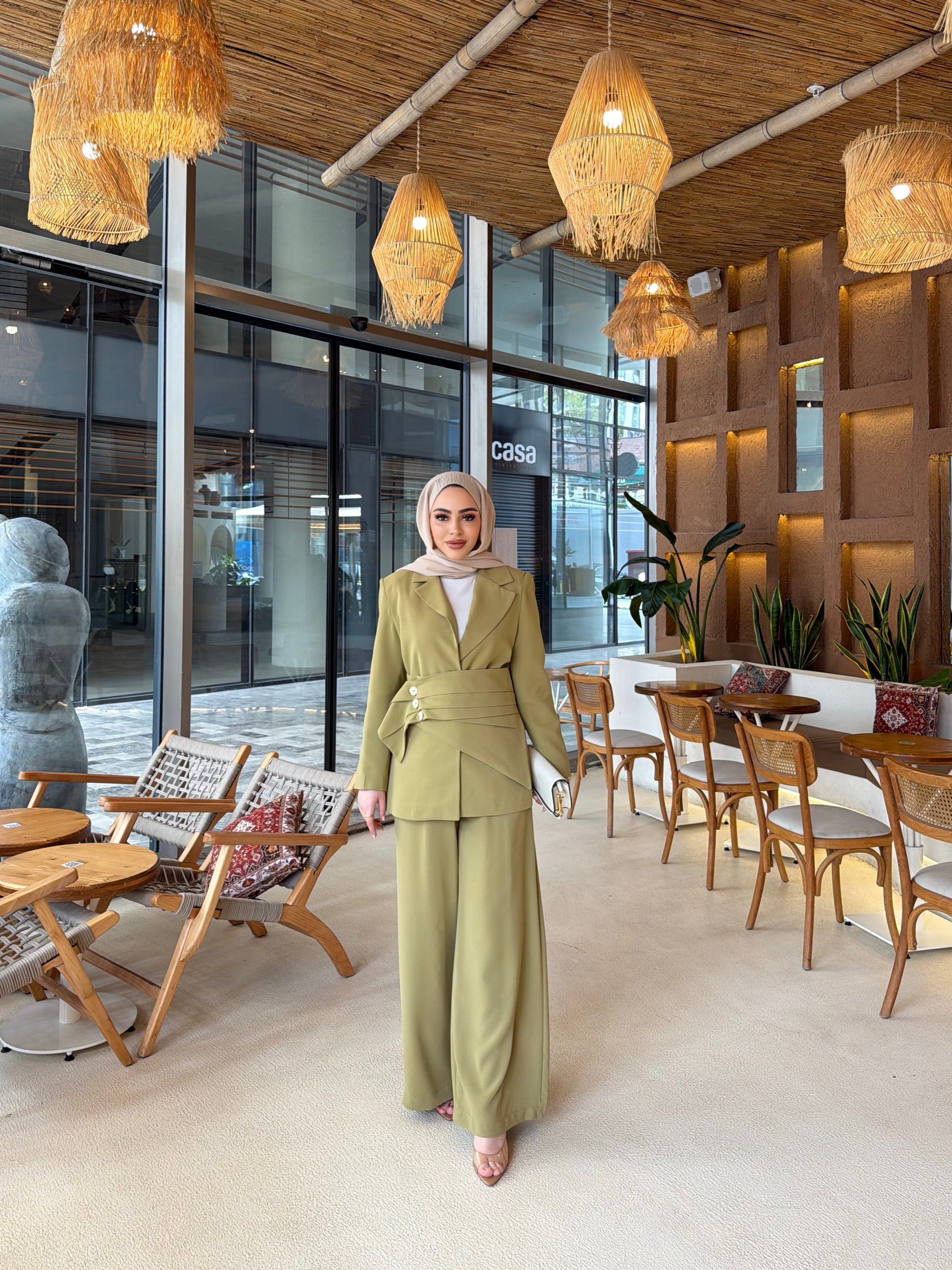 Hilla Düğmeli Takım - Yağyeşil