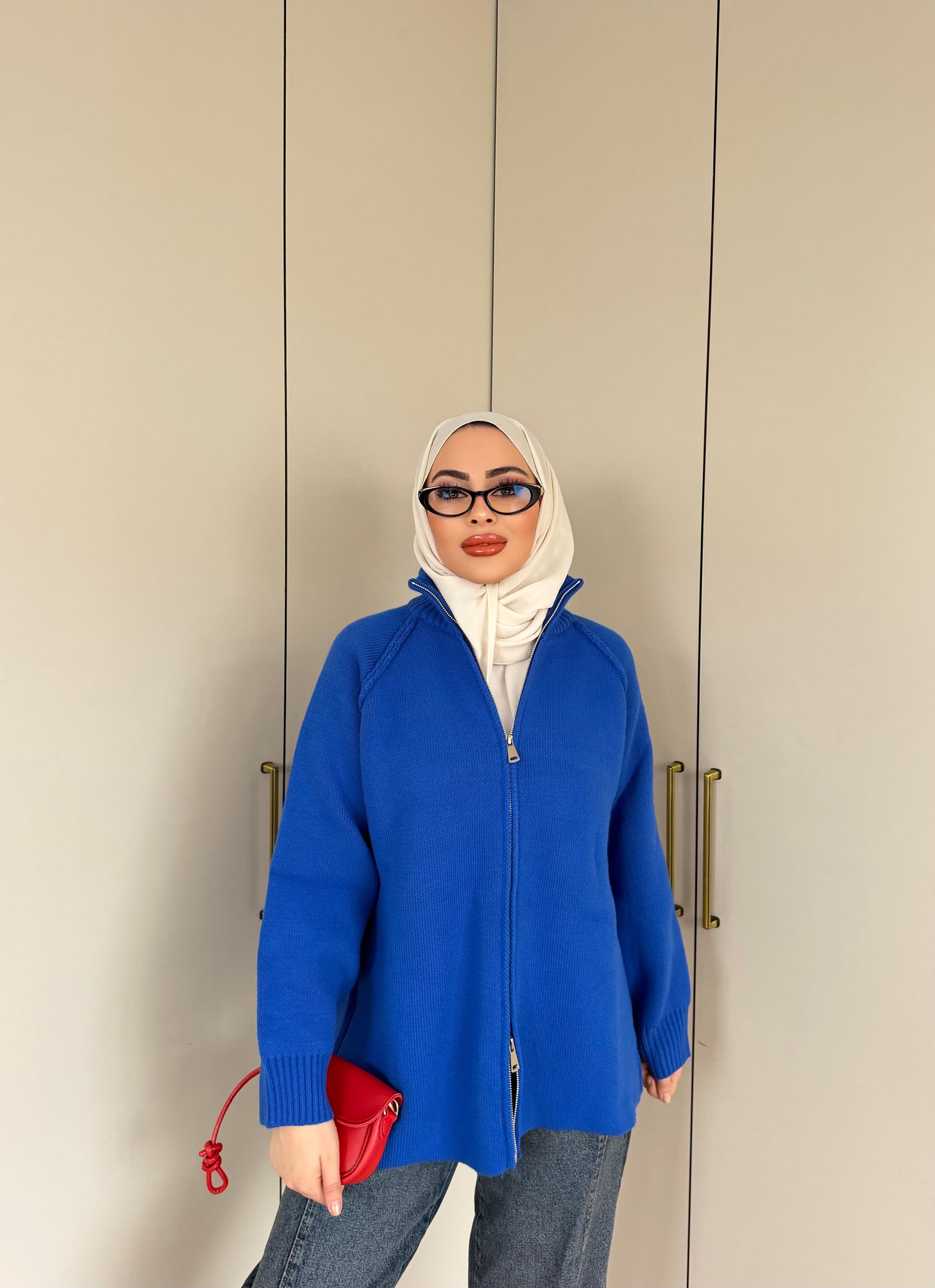 Hira Fermuarlı Hırka - Saks
