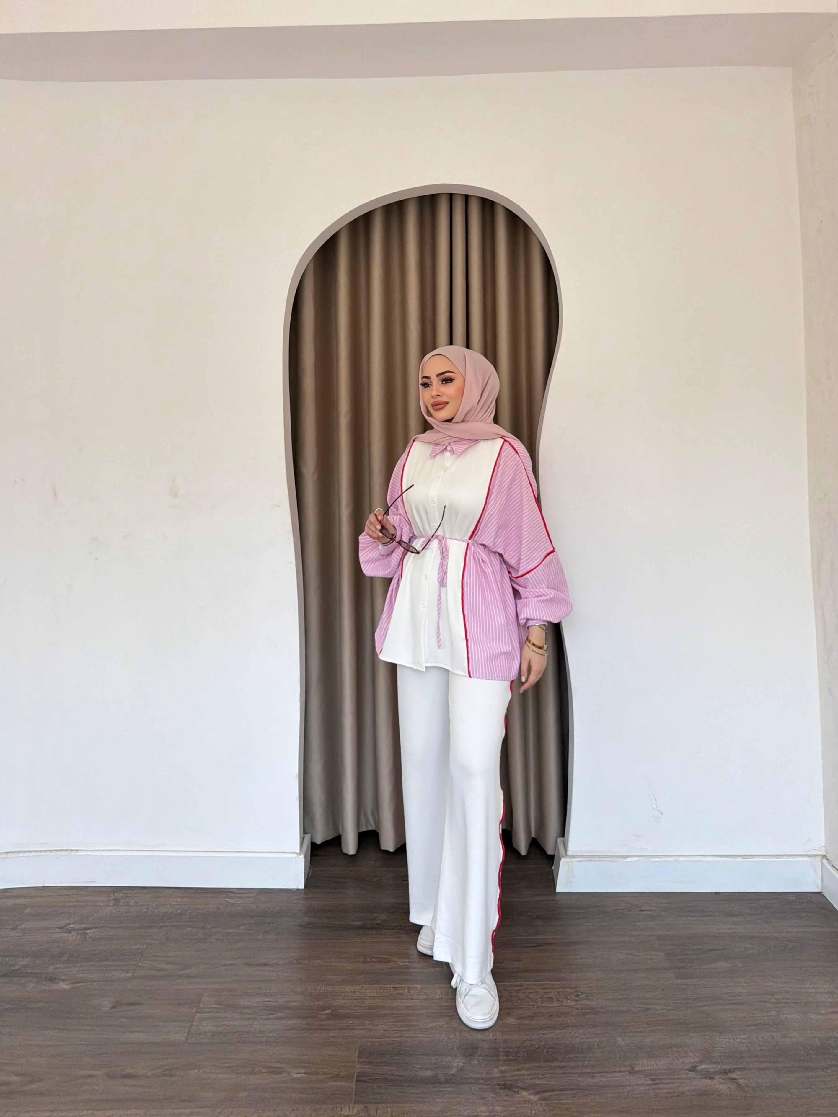 Kenna Çizgili Gömlek Takım - Pembe