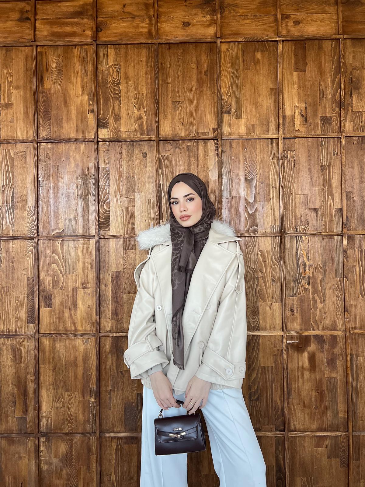 Kürk Detaylı Deri Ceket - Krem