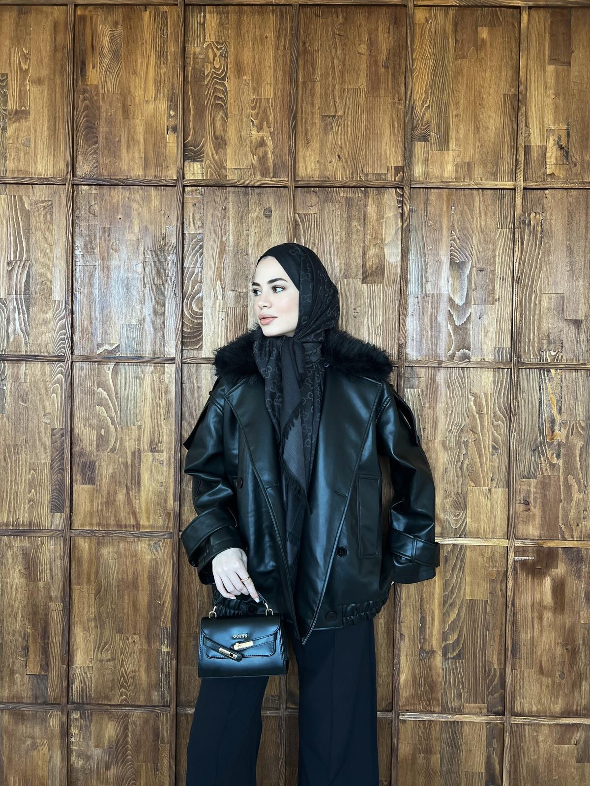 Kürk Detaylı Deri Ceket - Siyah