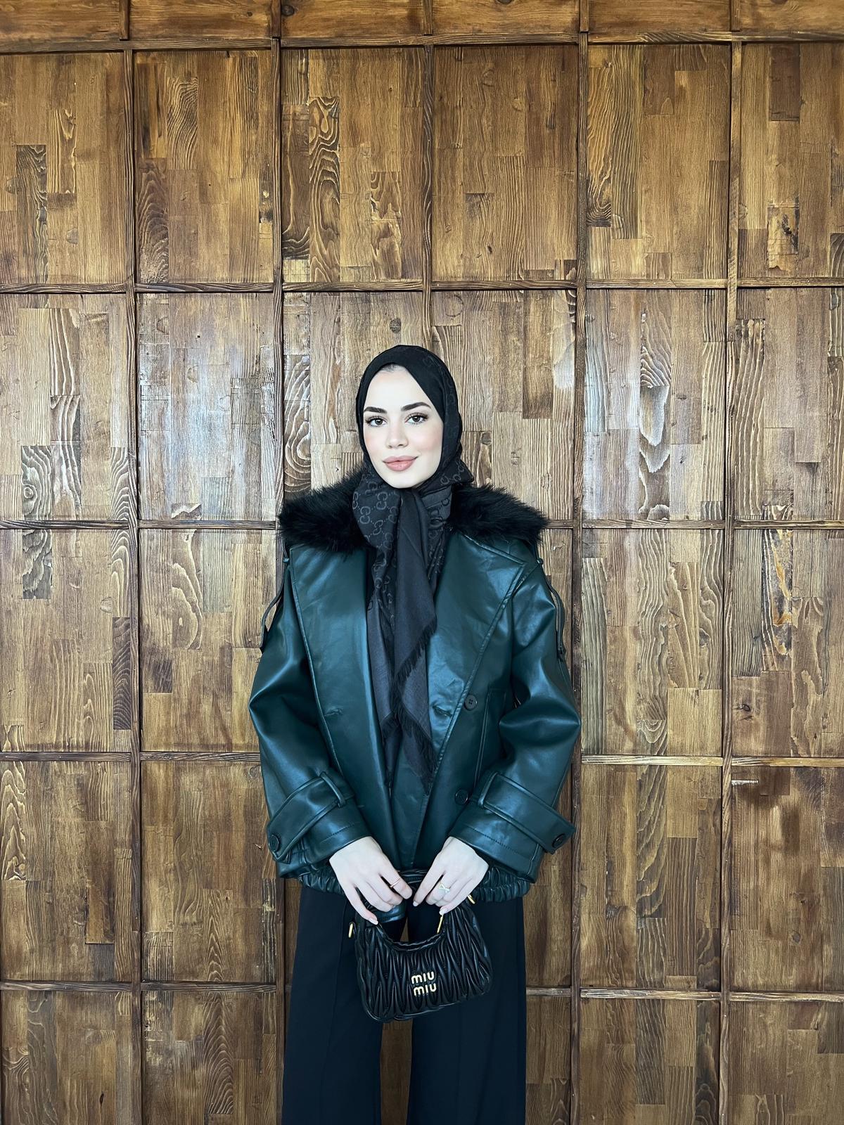 Kürk Detaylı Deri Ceket - Yeşil