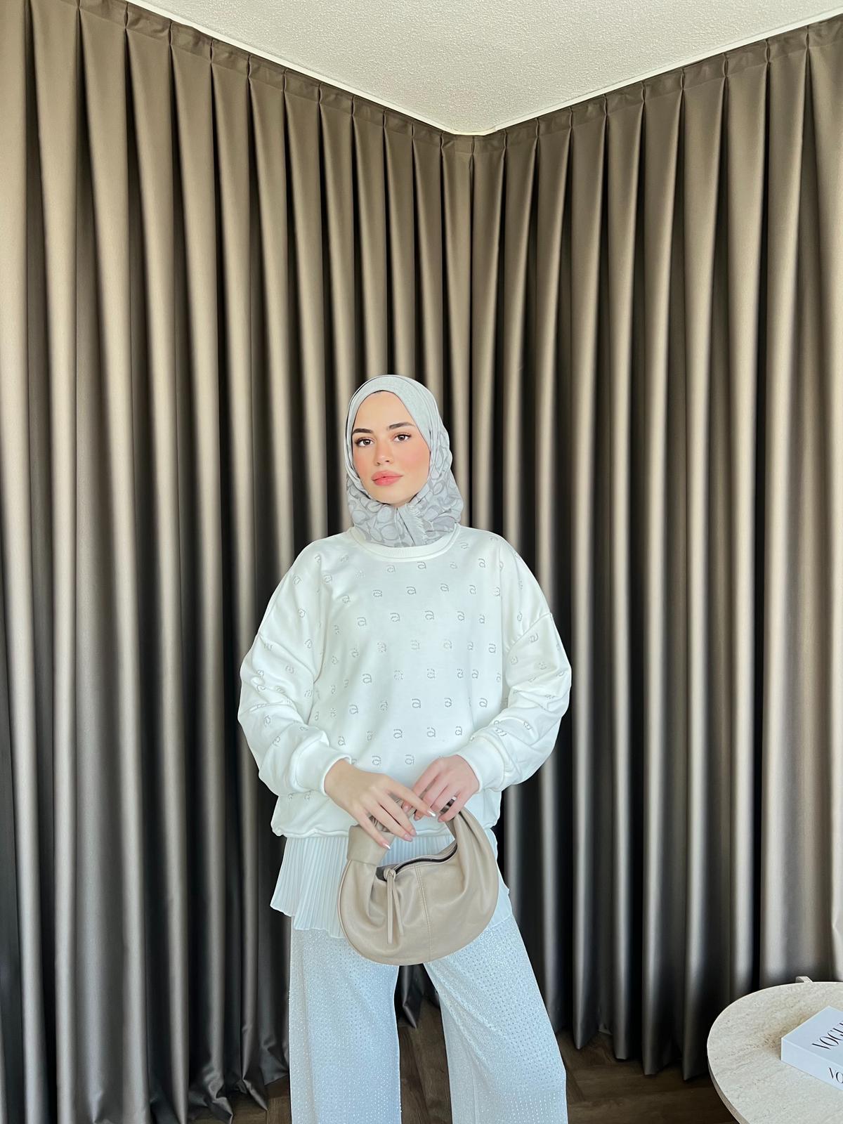 Muadil Harf Taşlı Sweat Beyaz