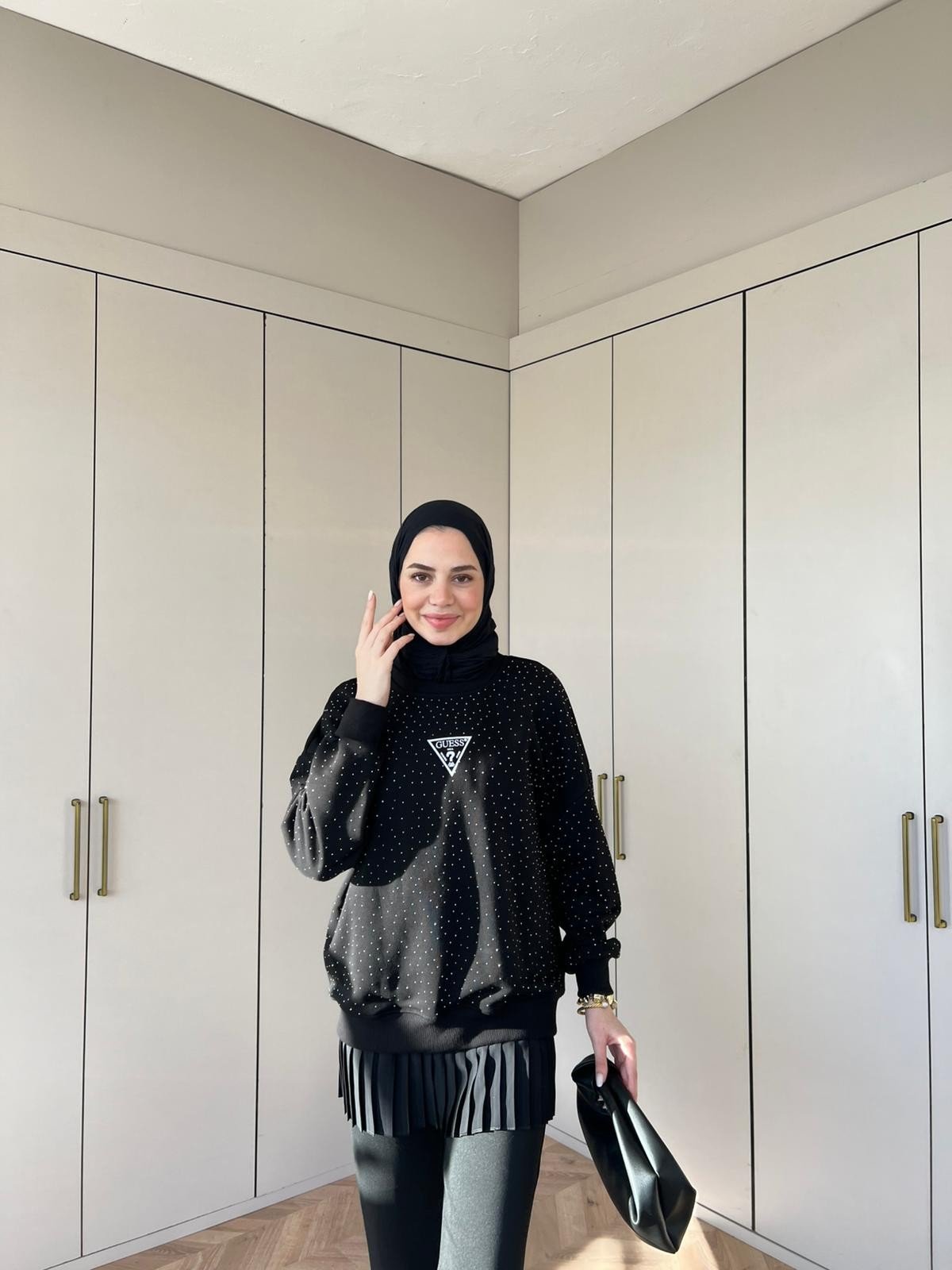 Muadil Komple Taşlı Ufak Yazılı Sweat - Siyah 