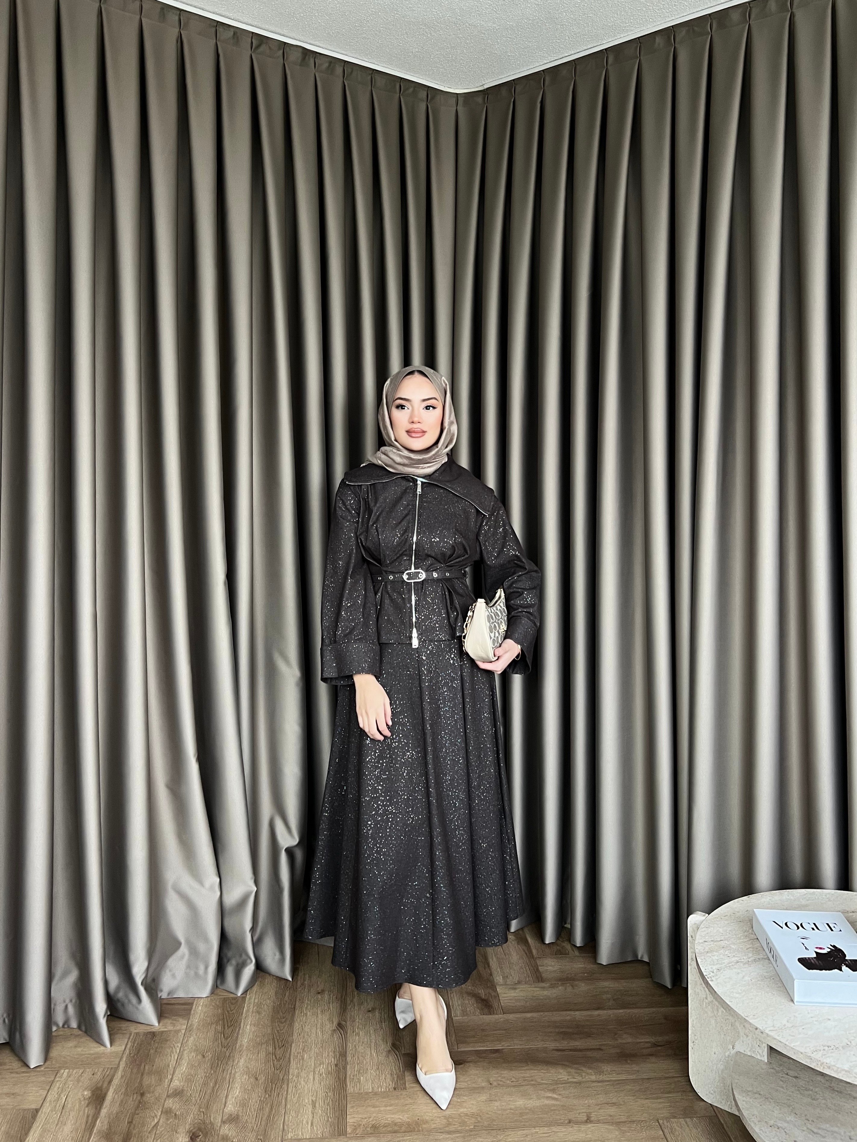 Simli Kot Etekli Takım - Kahve