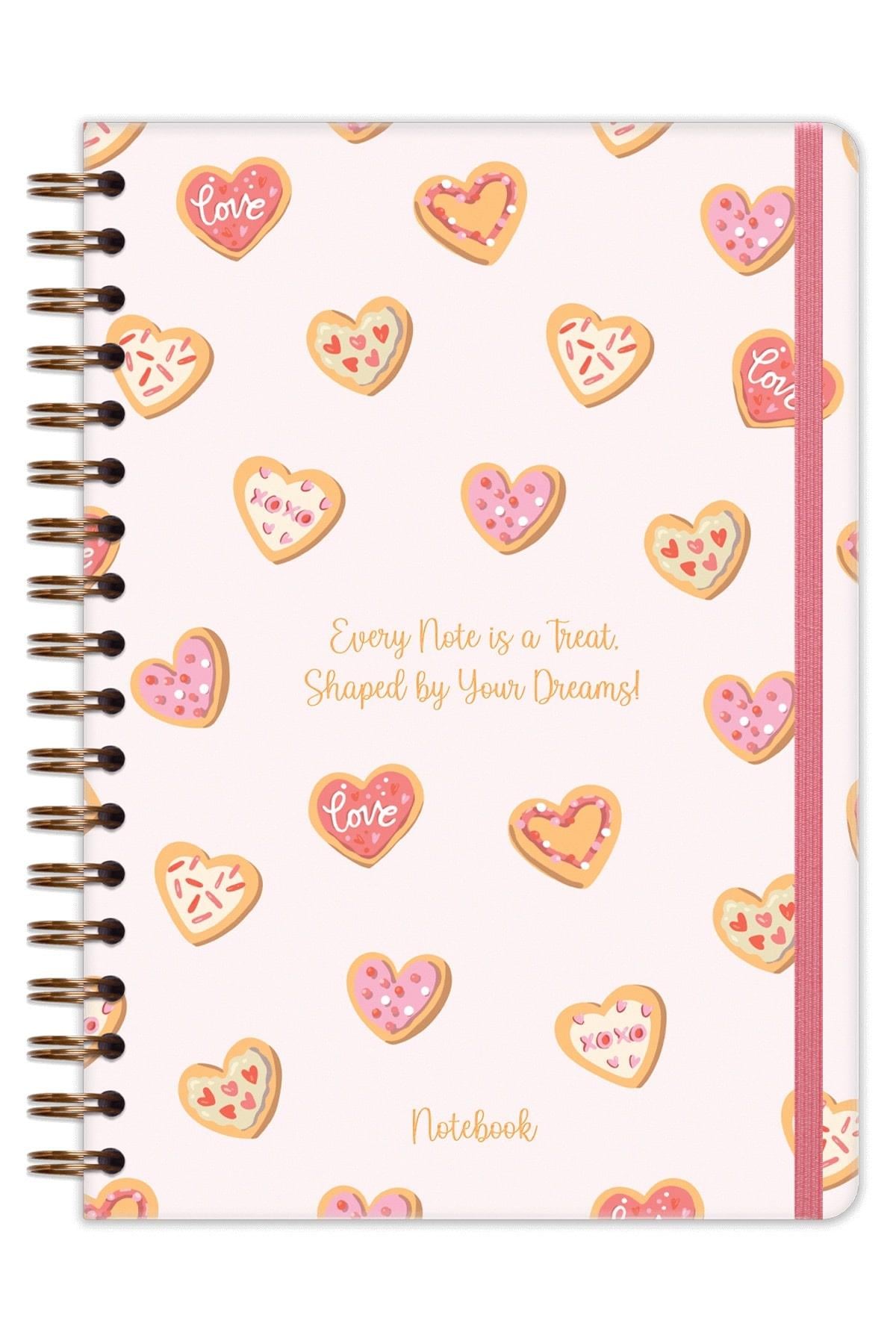 Matt Notebook B5 17x24 cm Spiralli Lastikli Kareli Tarihsiz Not Defteri Kalp Kurabiyeler