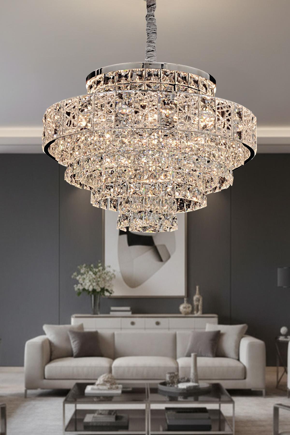 Ünal Aydınlatma | Cristalin Krom 50 cm Kristal Taşlı Modern Avize – Salon ve Oturma Odası