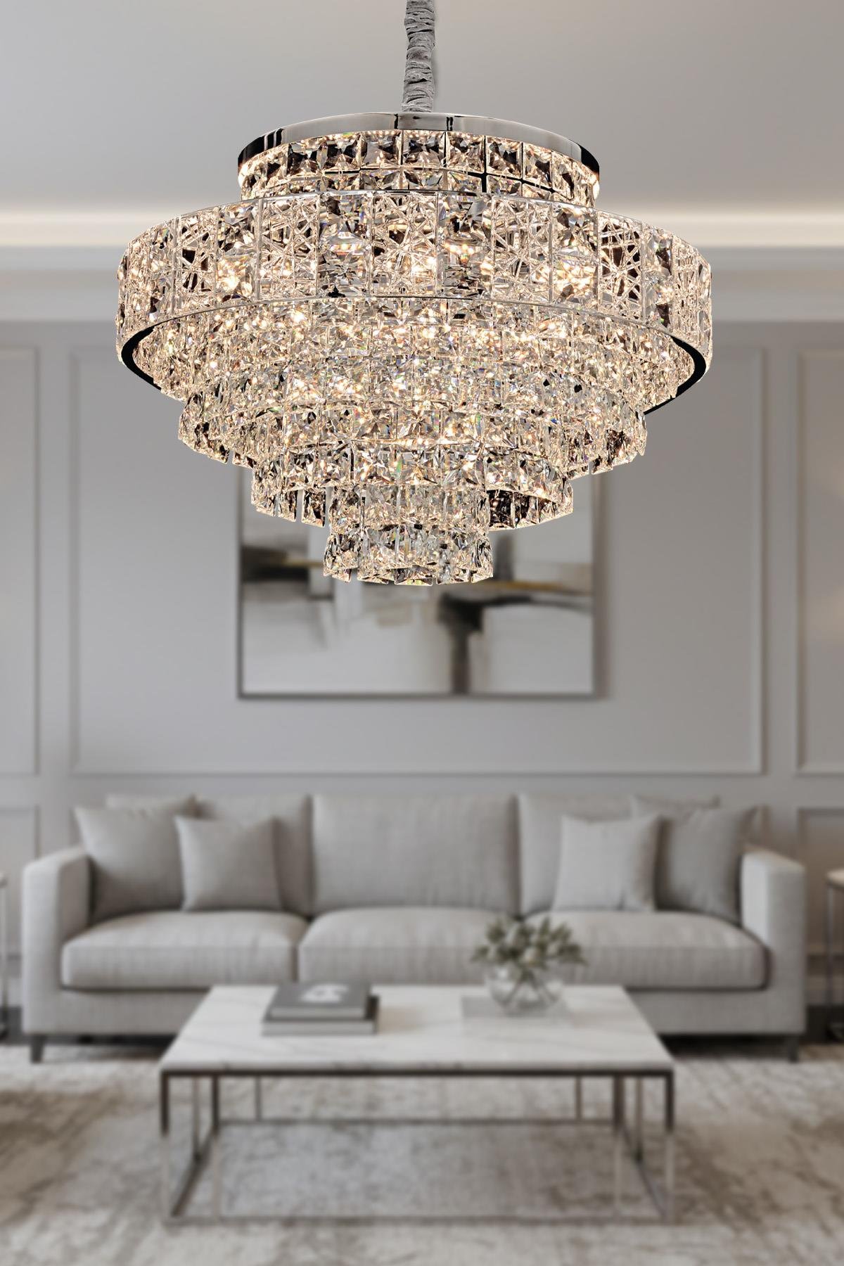 Ünal Aydınlatma | Cristalin Krom 80 cm Kristal Taşlı Modern Avize – Salon ve Oturma Odası