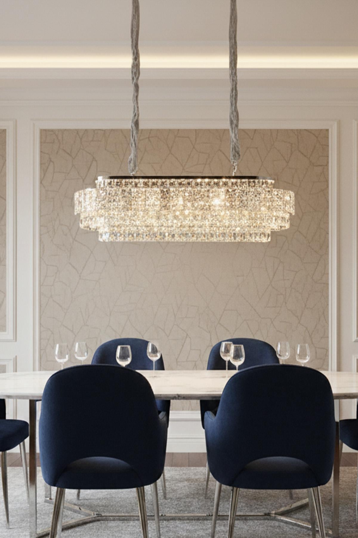 Ünal Aydınlatma | Cristalin Krom 90 cm Kristal Taşlı Modern Avize – Yemek Masası ve Salon