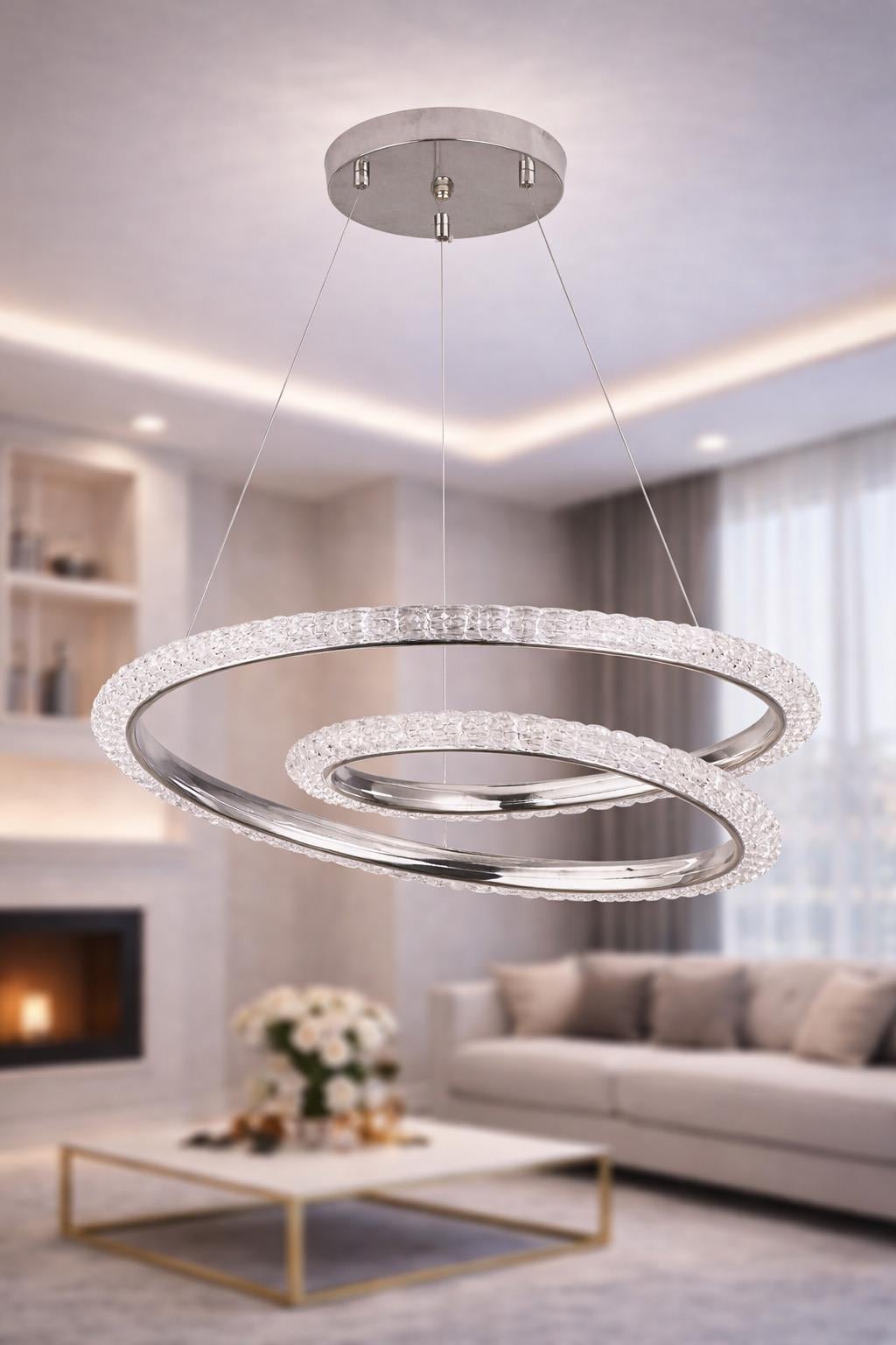 Ünal Aydınlatma | Hella Krom Avize | 50 cm LED Kristal Detaylı Modern Halka Salon Avizesi