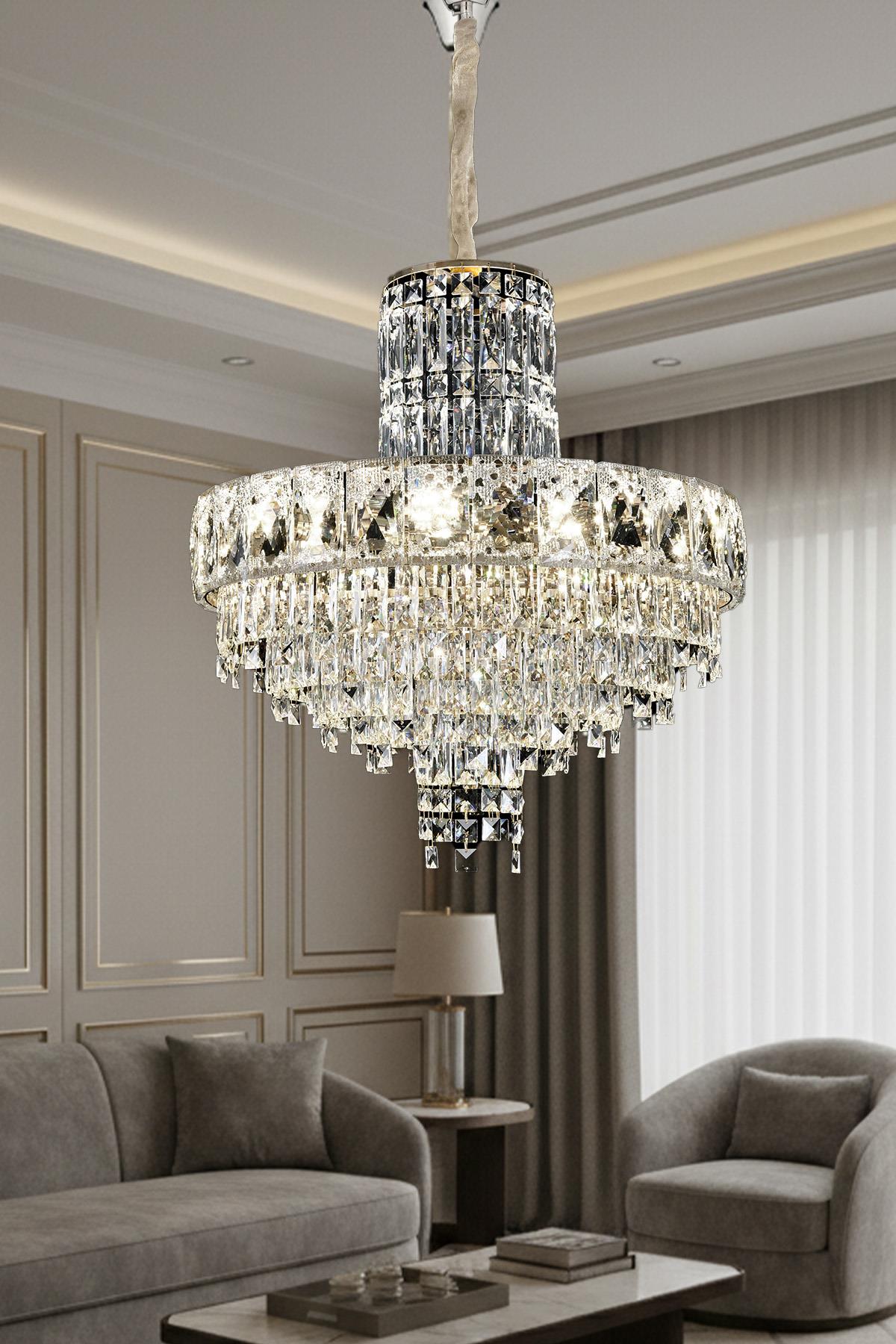 Ünal Aydınlatma | Niran Krom 50 cm Kristal Taşlı Modern Avize – Salon ve Yemek Odası