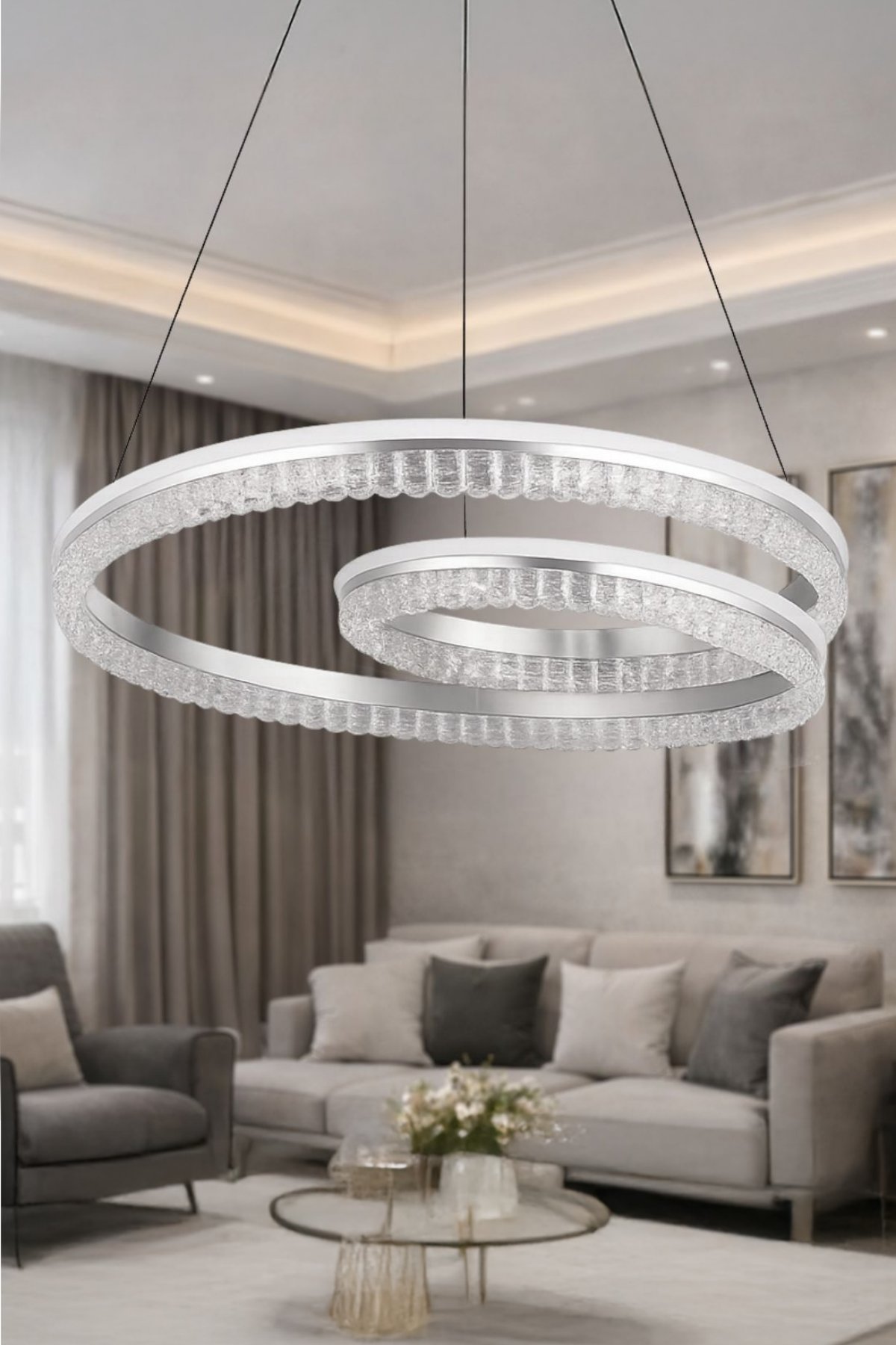 Ünal Aydınlatma | Tomris Krom LED Kristal Sarkıt Avize – Modern Halka Tasarım, Salon & Oturma Odası