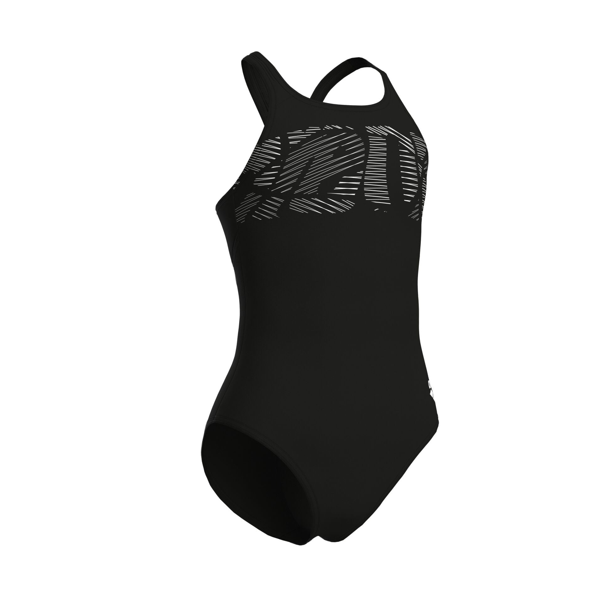 GIRL'S ARENA GRAPHIC SWIMSUIT V BACK BLACK-WHITE KIZ ÇOCUK YÜZÜCÜ MAYOSU