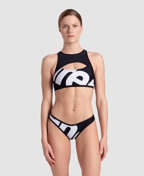 WOMENS ARENA LOGO BRASSIERE BIKINI RACER BACK WHITE MULTI-BLACK-BLACK