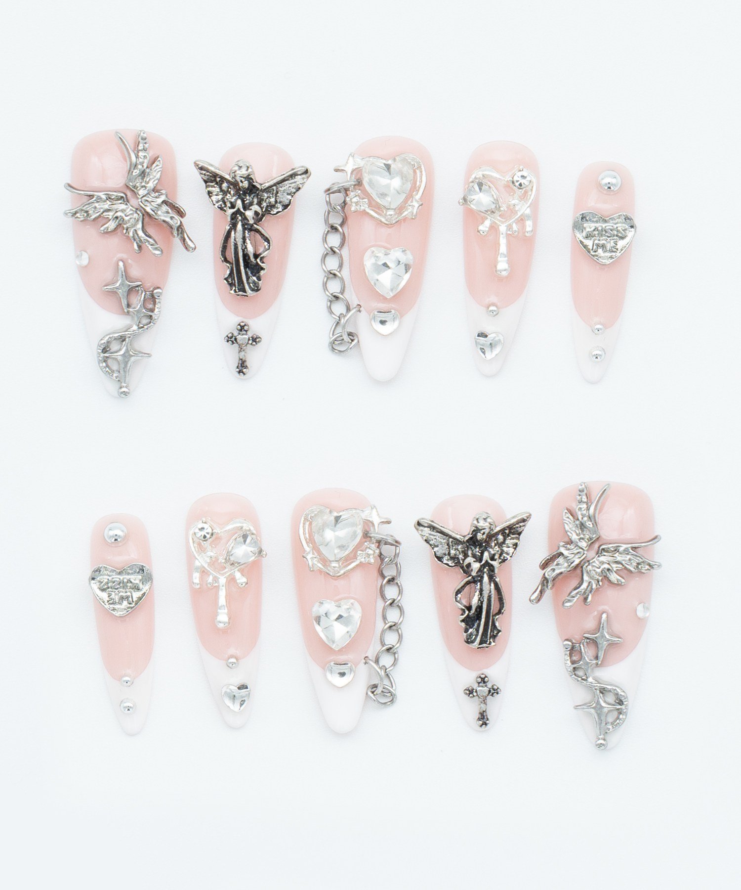 Angelic Charm Protez Jel Takma Tırnak - El Yapımı Kalıcı Oje Nail French Diamond Haç - NC101