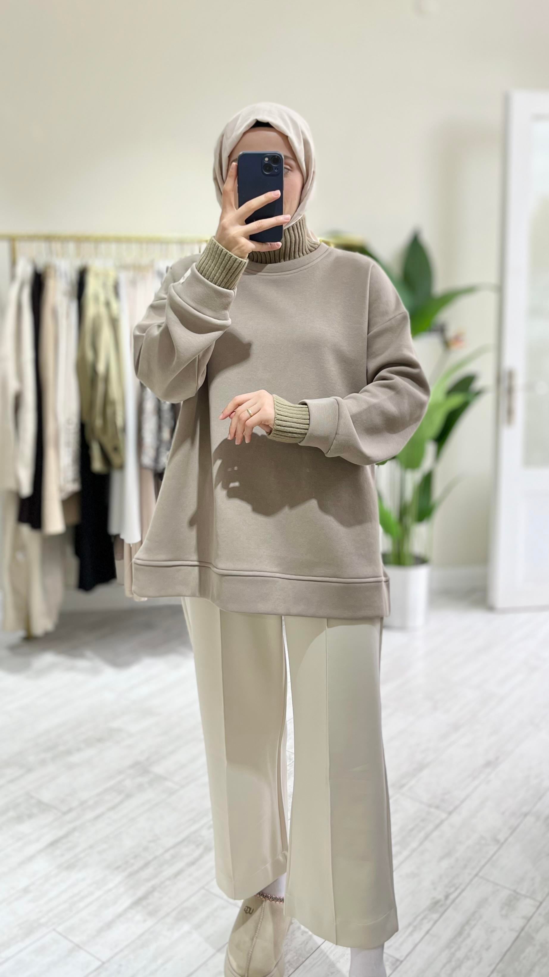 Örgü Yakalı Sweatshirt Haki
