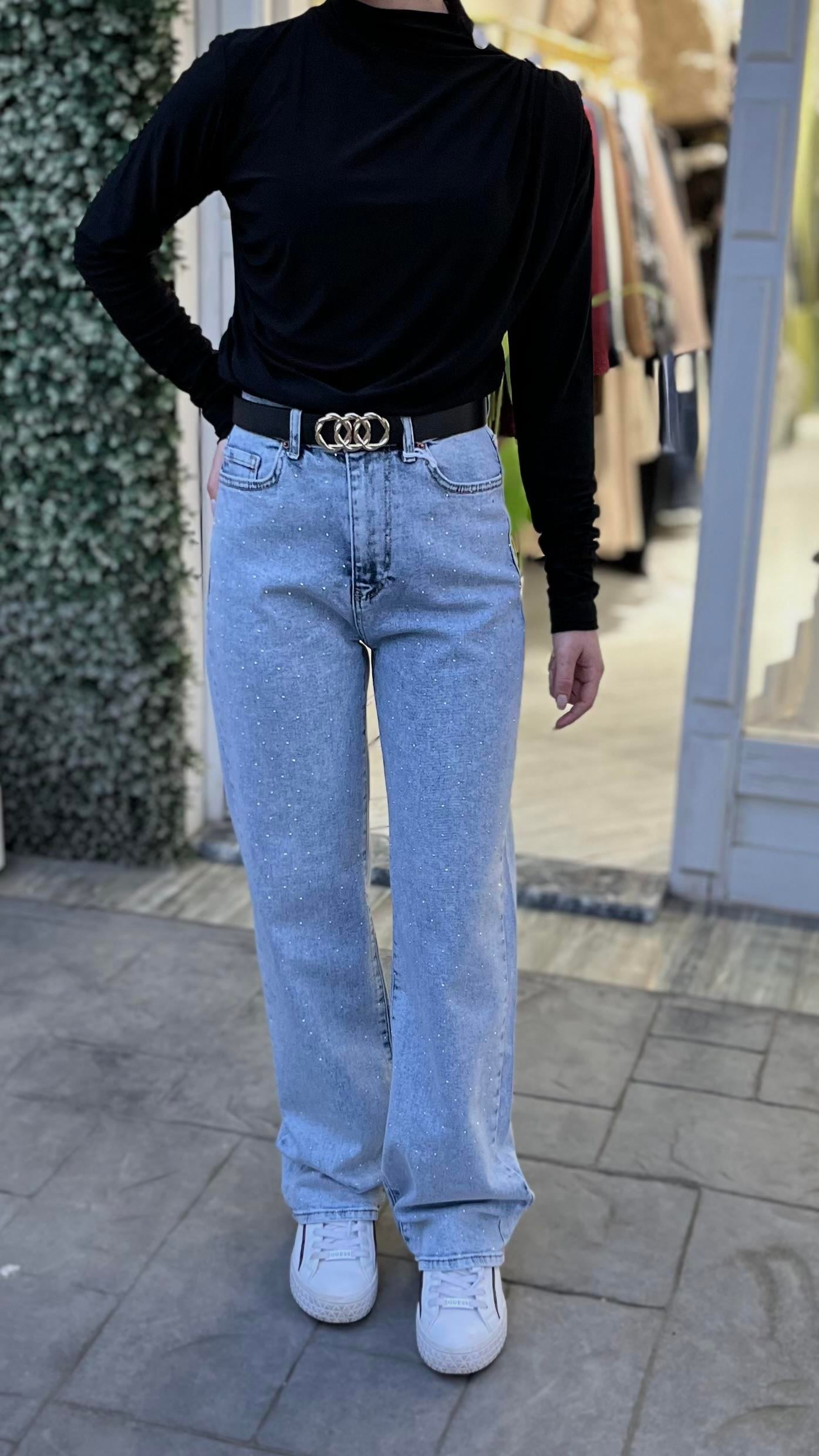Taşlı Kot Pantolon Buz Mavisi
