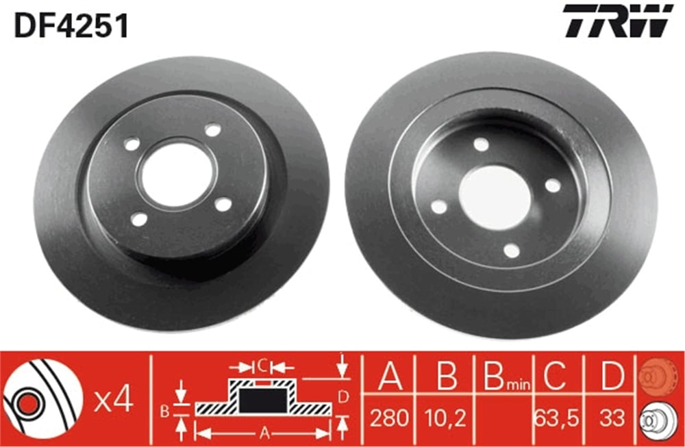 FREN DİSKİ ARKA BOYALI, 4 BİJON, 280 MM FORD FOCUS ST170 02-04 