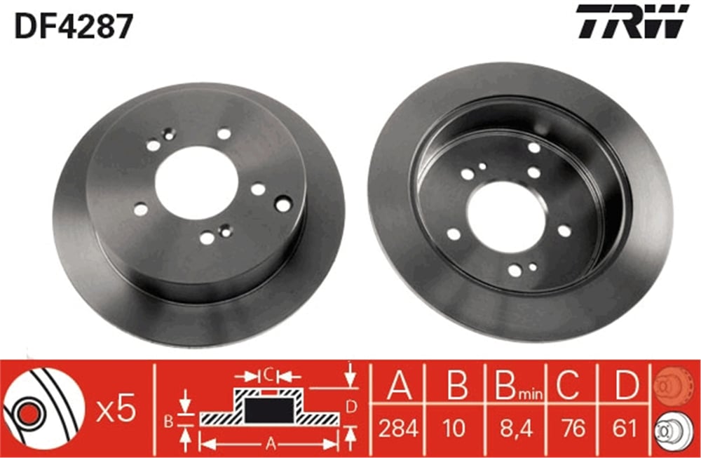 FREN DİSKİ ARKA BOYALI, 5 BİJON, 284 MM HYUNDAI SANTA FE I 2.0 01-06, 2.0 CRDİ 4X4 01-06, 2.4 16V 4X4 01-06, 2.7 V6 4X4 01-06 