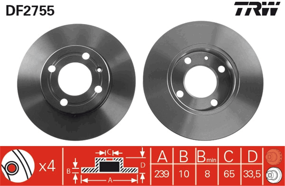 FREN DİSKİ ÖN 4 BİJON, BOYALI, 239 MM SEAT AROSA 1.0 97-04, 1.7 SDİ 97-04 
