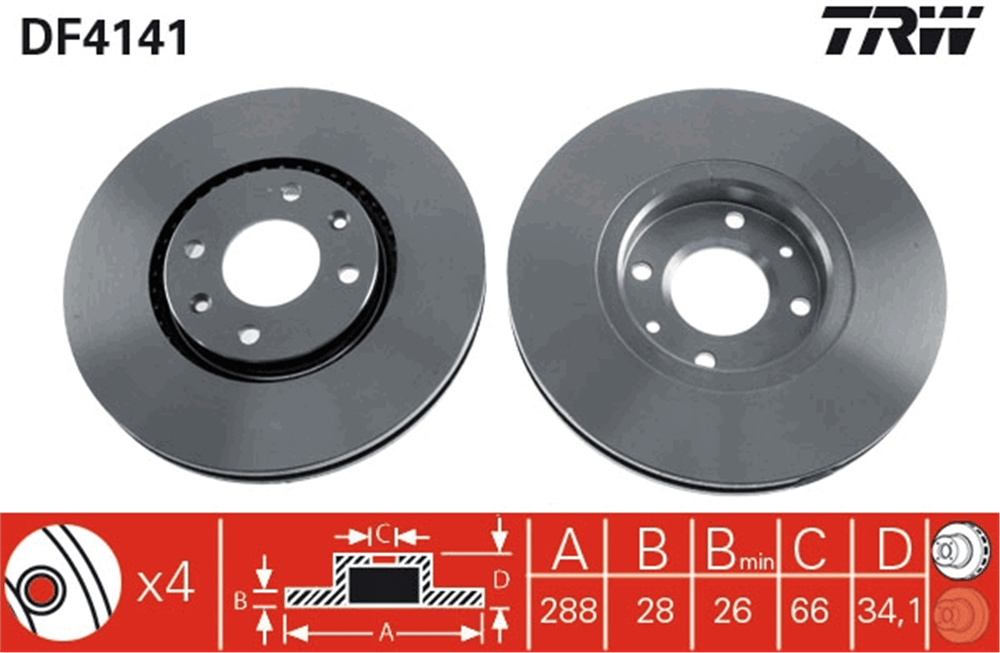FREN DİSKİ ÖN HAVA KANALLI, BOYALI, 4 BİJON, 288 MM CITROEN C5 I 2.0 HDİ 01-04, 2.2 HDİ 01-04, 3.0 V6 01-04 