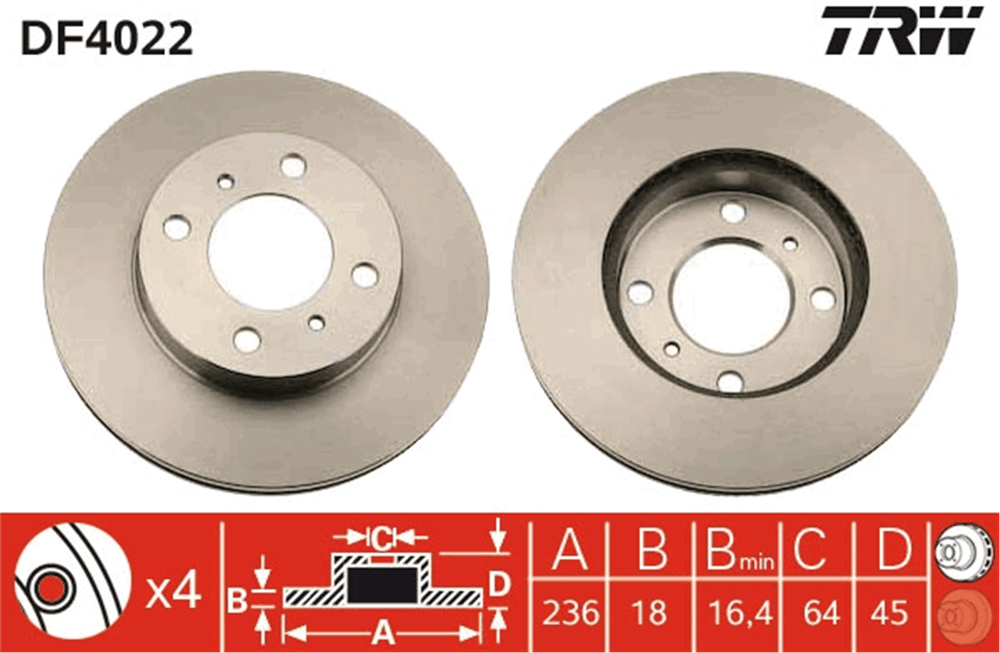 FREN DİSKİ ÖN HAVA KANALLI, BOYALI,4 BİJON, 236 MM MITSUBISHI CARISMA 1.6 95-06, 1.9 TD 96-00,COLT IV 1.3 GLİ 12V 92-96, 1.6 94-96