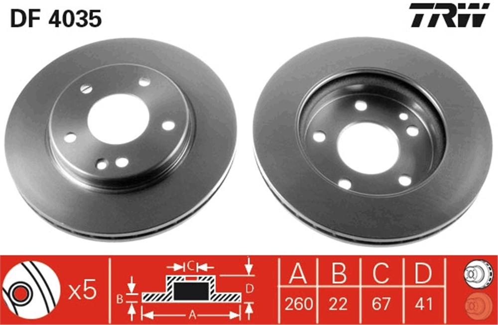 FREN DİSKİ ÖN HAVA KANALLI, BOYALI,5 BİJON, 260 MM MERCEDES-BENZ A SERİSİ A 140-160 97-04, A 170 CDİ 98-04 
