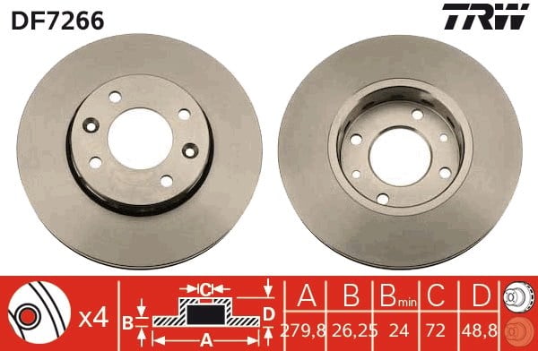 FREN DİSKİ ÖN HAVA KANLLI, BOYALI, 4 BİJON, 280 MM KIA CARENS II MPV 1.6-1.8 02=>, 2.0 CVVT 04=>, 2.0 CRDİ 02=> 