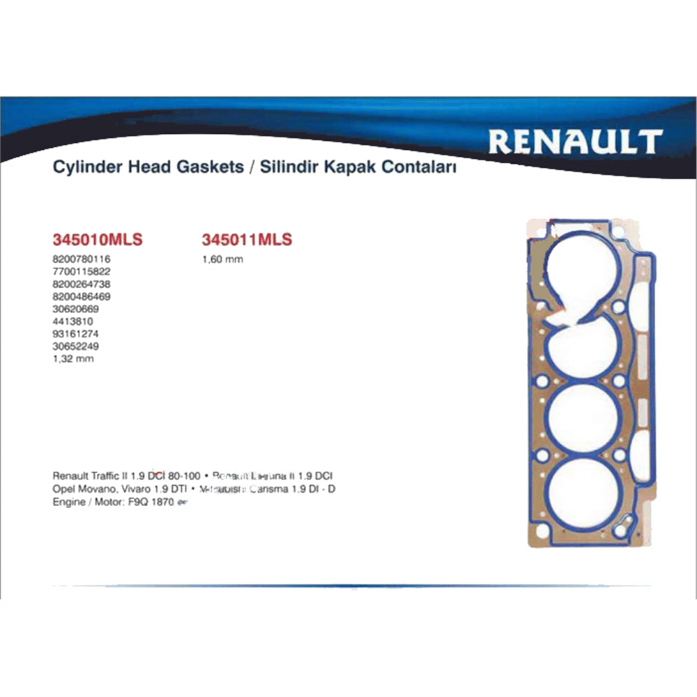 SİLİNDİR KAPAK CONTASI MEGANE-LAGUNA-TRAFIC 1,9DCI (F9Q) 1,60MM 