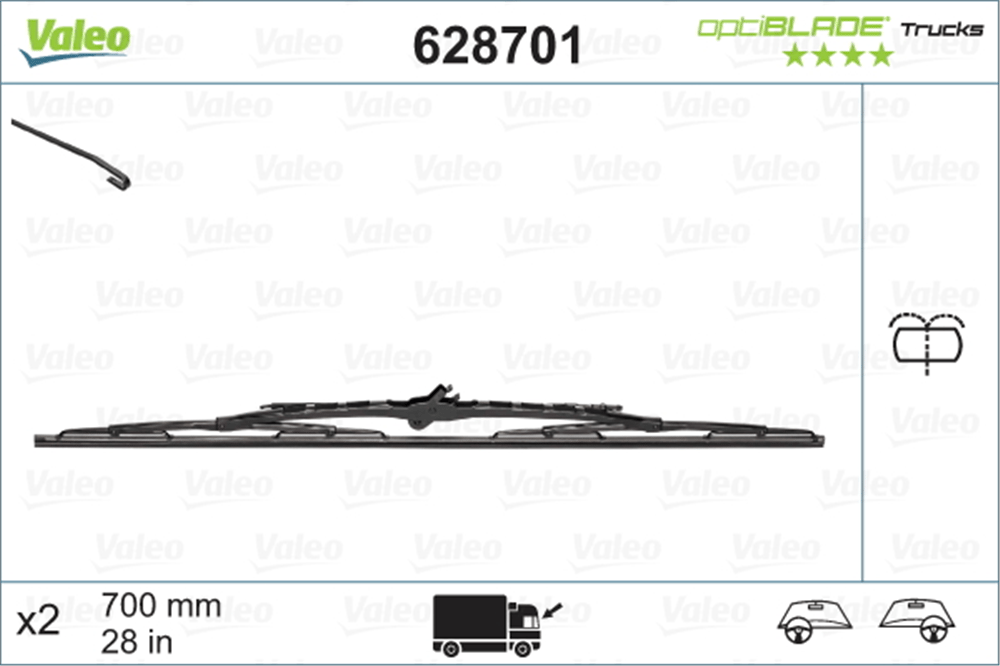 VALEO OPTİBLADE (X1) (700 MM) (SU FISKİYELİ) MERCEDES ACTROS MP4 (EURO 5, EURO 6) (10/11>), ANTOS (09/12>); SCANIA G (08>), P (09/05>), R (09/05>), T (09/05>); VOLVO FH (EURO 6) (03/13>) 