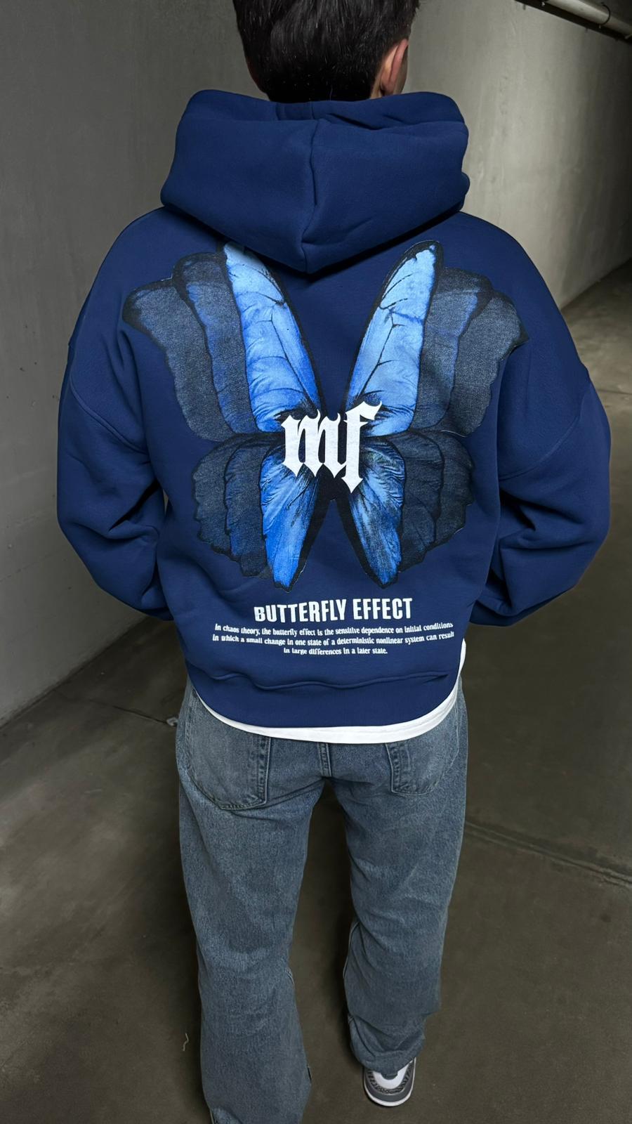 Oversize Kelebek Baskılı Unisex Mavi Hoodie