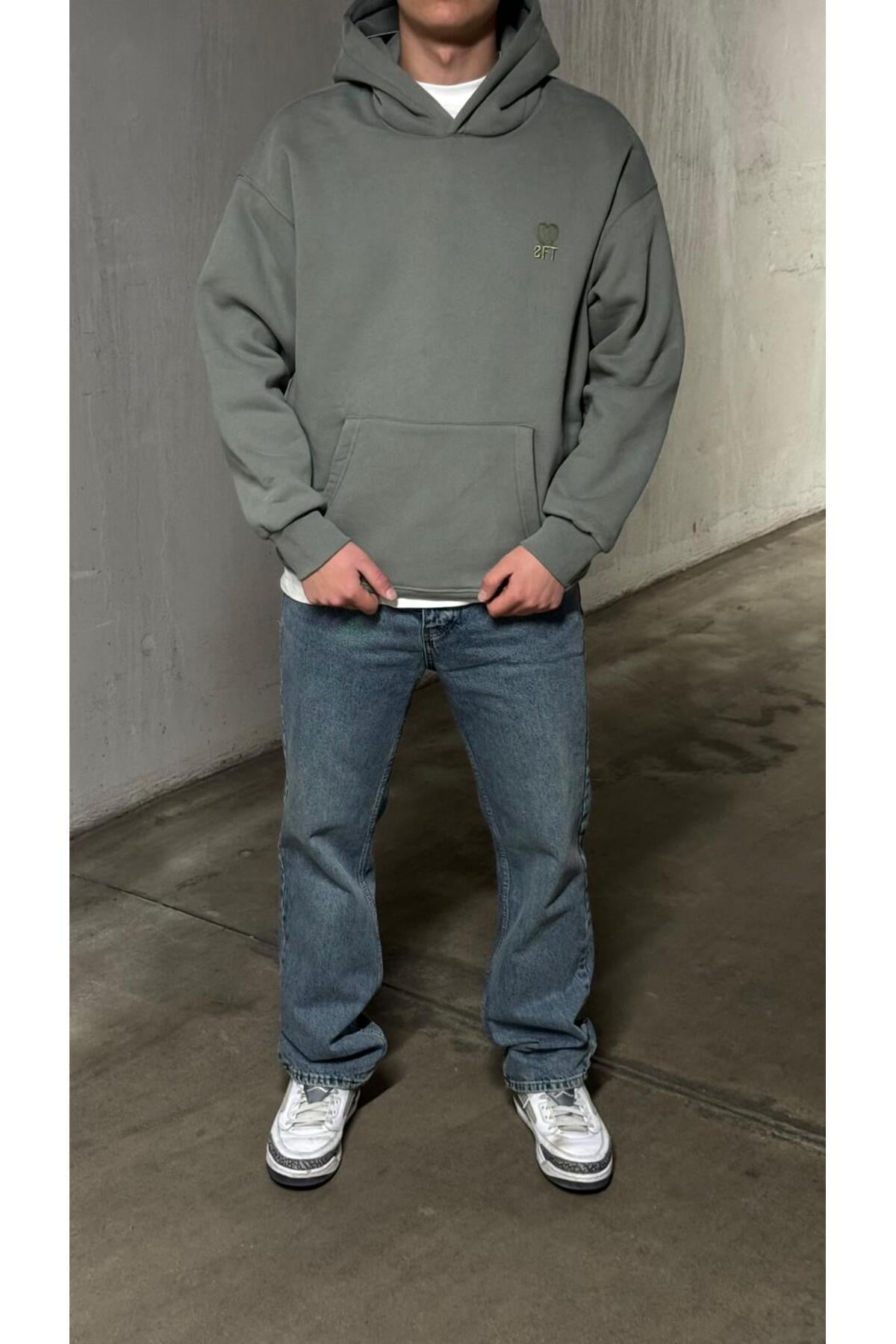 Premium Oversize Haki Kapüşonlu Sweatshirt