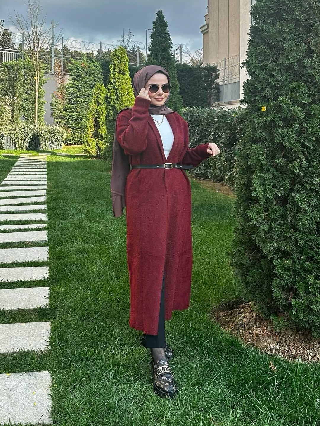Angora Uzun Kemerli Hırka - Bordo