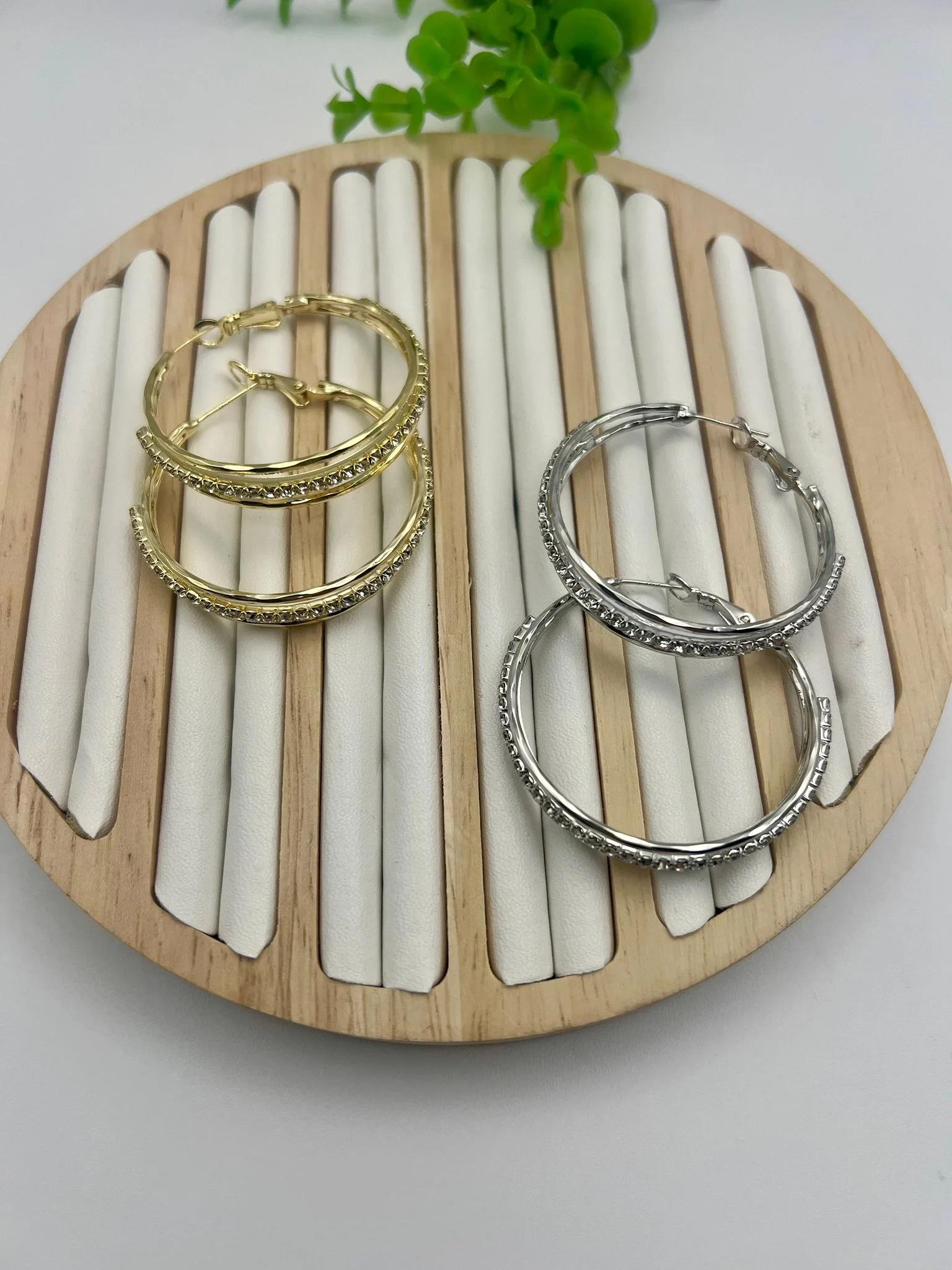 925s Üç Sıra Taşlı Halka Küpe 4cm
