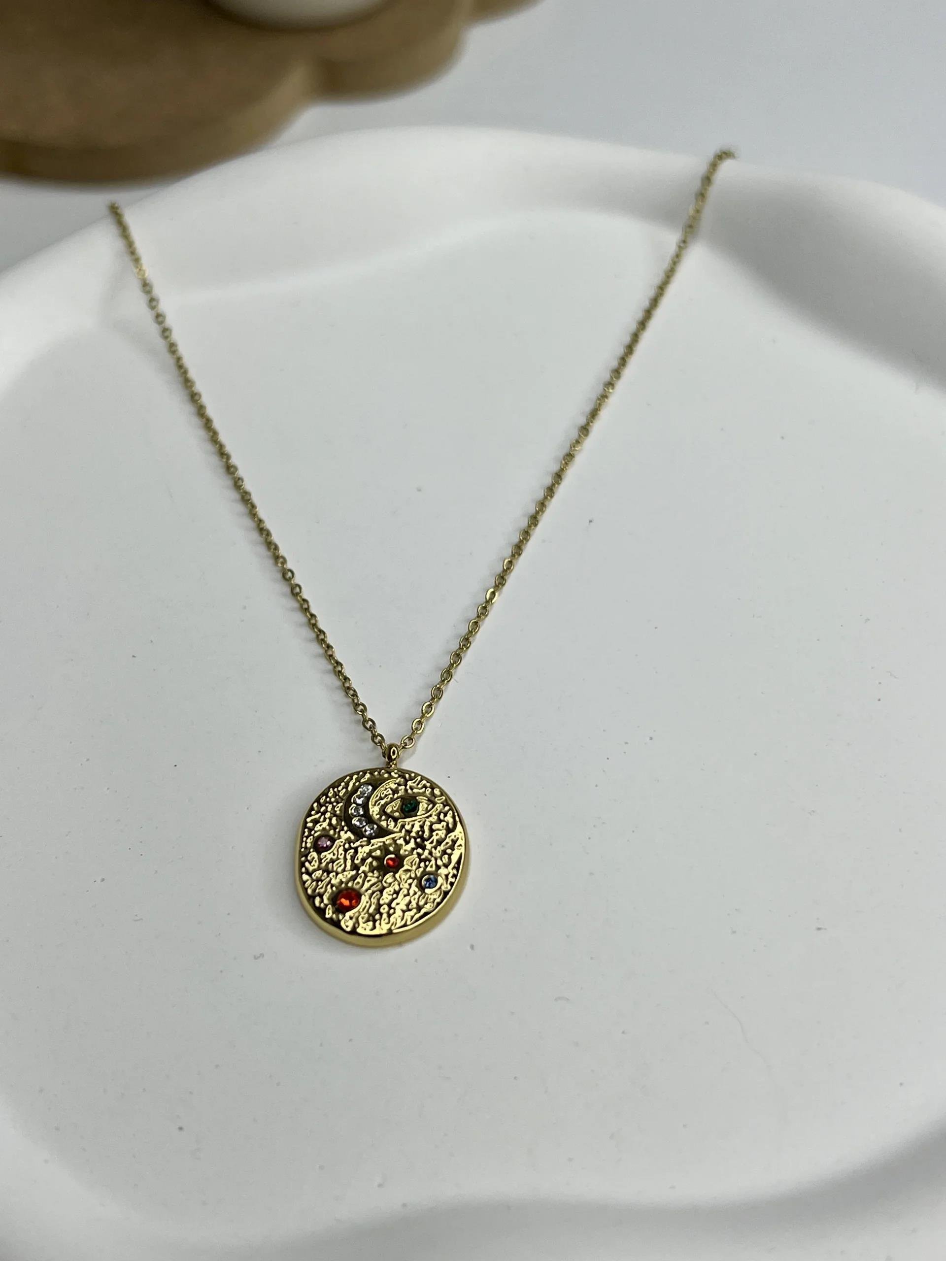 Gold Antik Gökyüzü Taşlı Çelik Kolye (40+5cm)