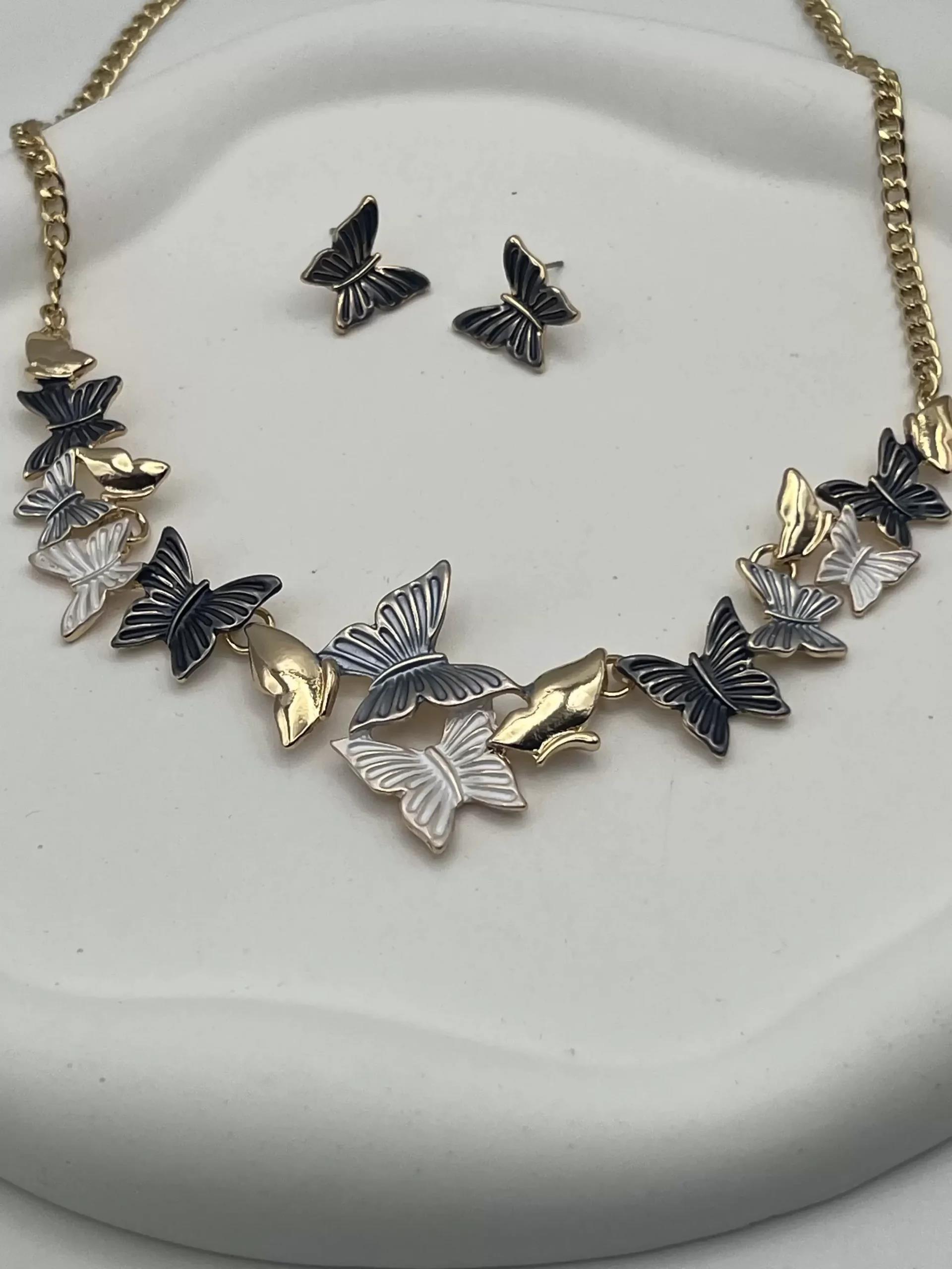 Mineli Kelebekli Kolye Küpe Seti (siyah tonlu)