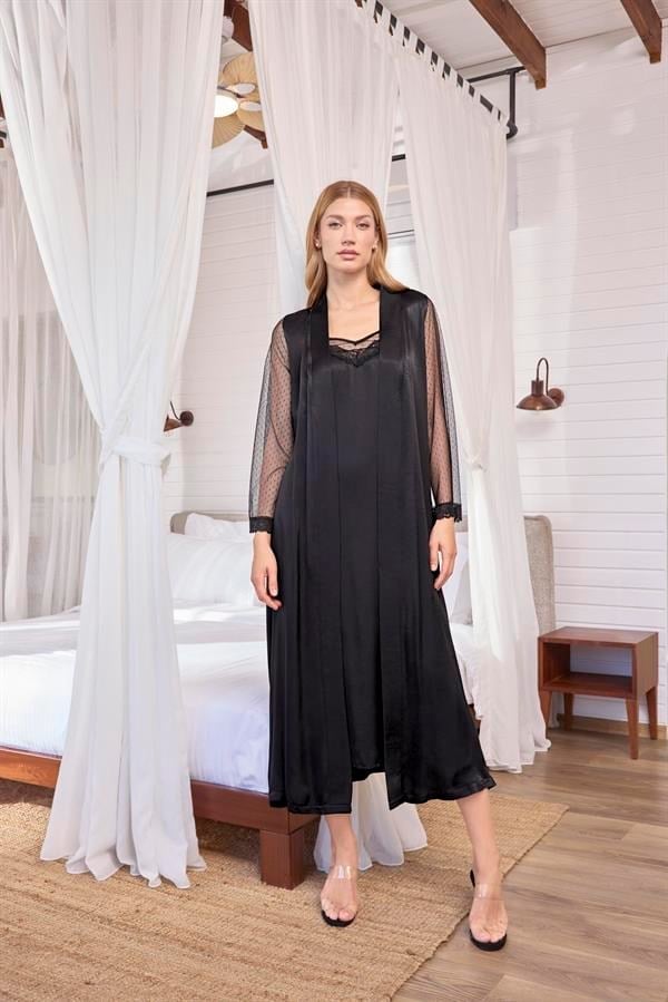 Arias Closet Dantelli Tüllü ve Dekolteli Saten Sabahlık Takımı