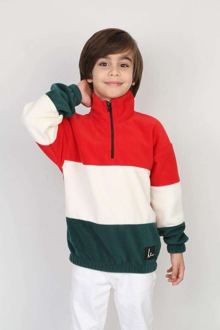 Full Polar Kumaş Yarım Fermuarlı Garnili Erkek Çocuk Günlük Sweatshirt