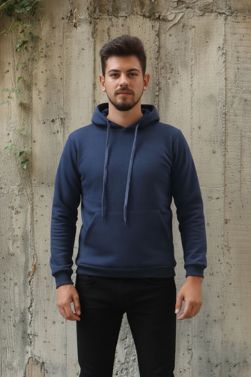 İki İplik Kapşonlu Kanguru Cepli Erkek Günlük Sweatshirt