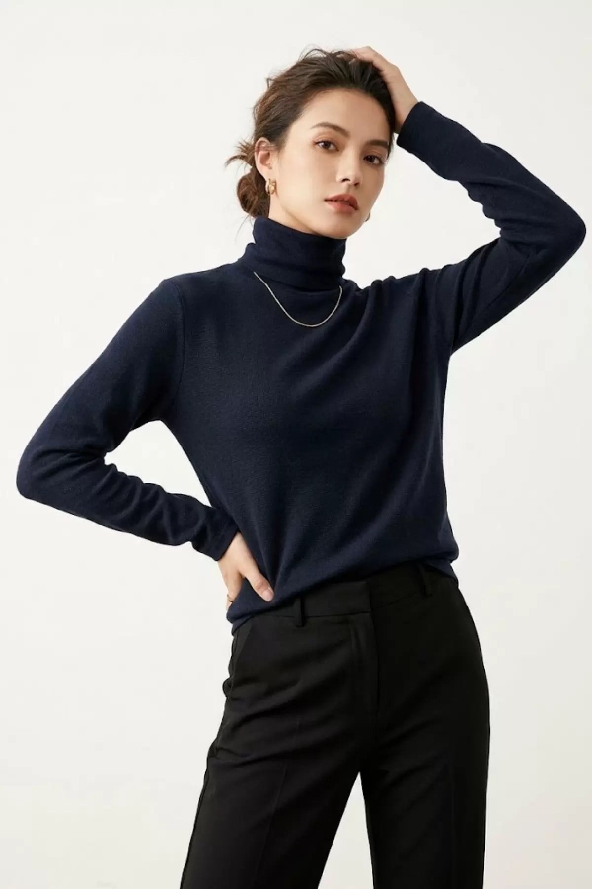 Kadın Lacivert Pamuklu Boğazlı Balıkçı Yaka Şardonlu İnce Kazak Slim Fit Bluz