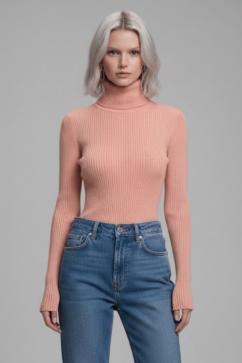 Kadın Pudra Pembe Tam Boğazlı Fitilli Triko Kazak - Yumuşak Dokulu Kışlık Slim Fit Örme Bluz