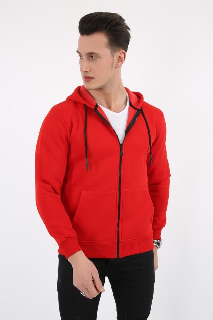 Üç İplik Düz Kapşonlu Fermuarlı Kanguru Cepli Erkek Günlük Sweatshirt