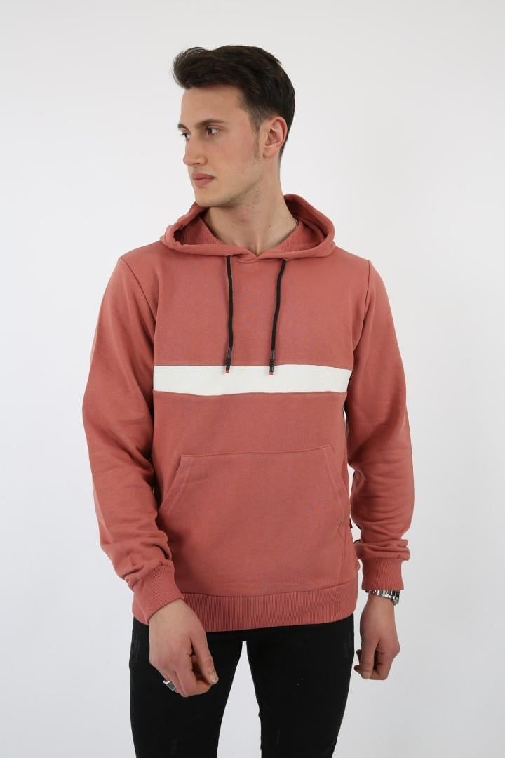 Üç İplik Kapşonlu Kalın Çizgili Kanguru Cepli Erkek Günlük Sweatshirt
