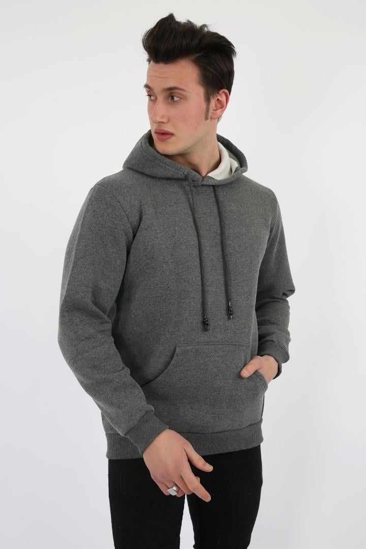 Üç İplik Şardonlu Kapşonlu Düz Erkek Günlük Sweatshirt