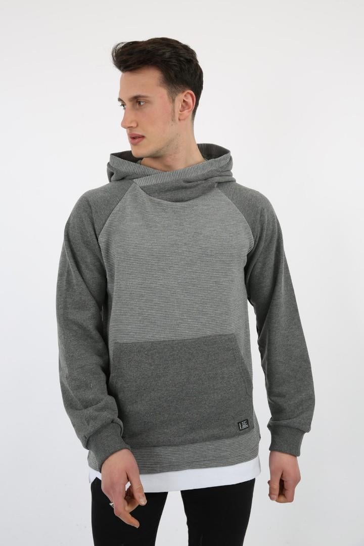 Üç İplik Şardonlu Kumaş Kapşonlu Kanguru Cepli Alttan Çıkmalı Erkek Günlük Sweatshirt