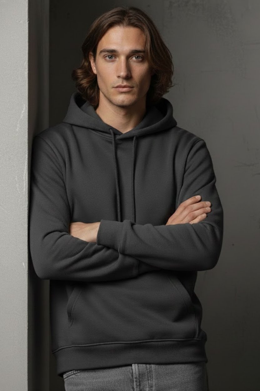 Unisex Kışlık Antrasit Gri Üç İplik Şardonlu Pamuklu Kalın Basic Kapüşonlu Hoodie Sweatshirt
